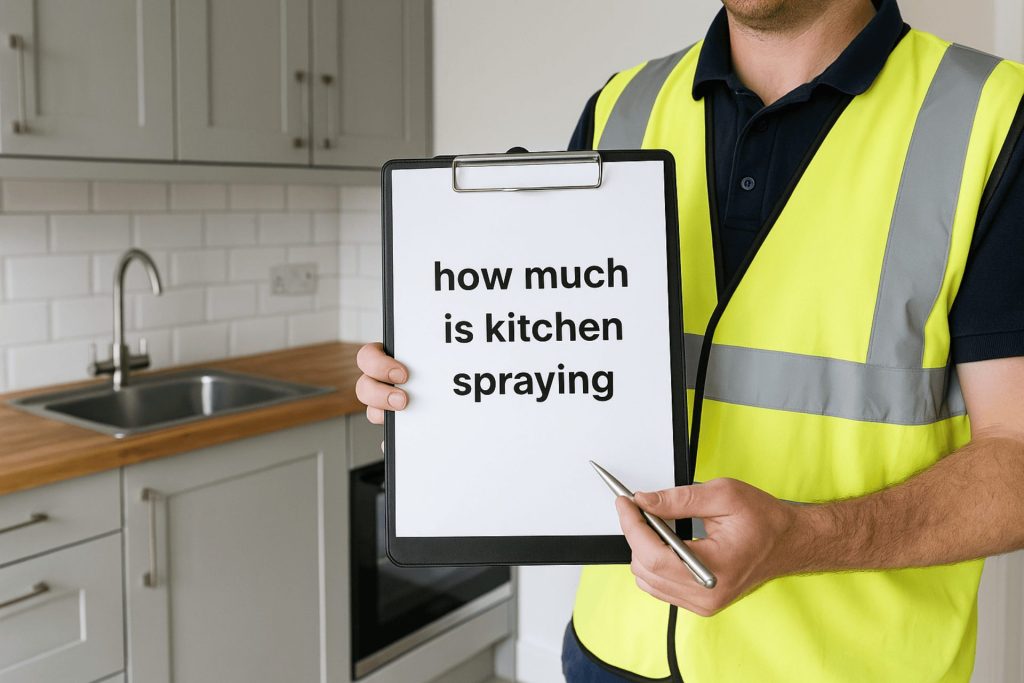 A sprayer in hi-vis holds a clipboard with a cost guide in a Swansea kitchen, illustrating how much is kitchen spraying
