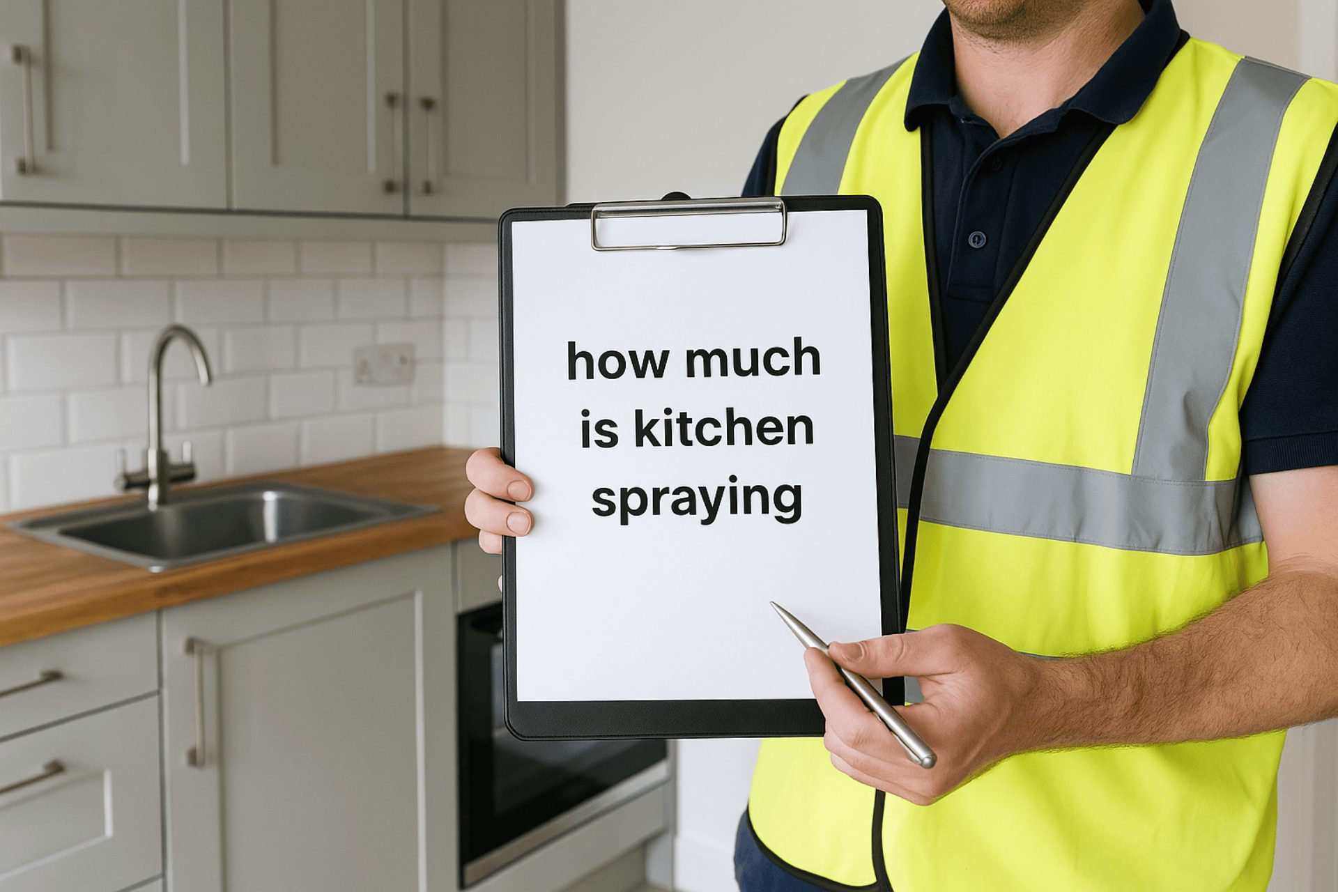 A sprayer in hi-vis holds a clipboard with a cost guide in a Swansea kitchen, illustrating how much is kitchen spraying