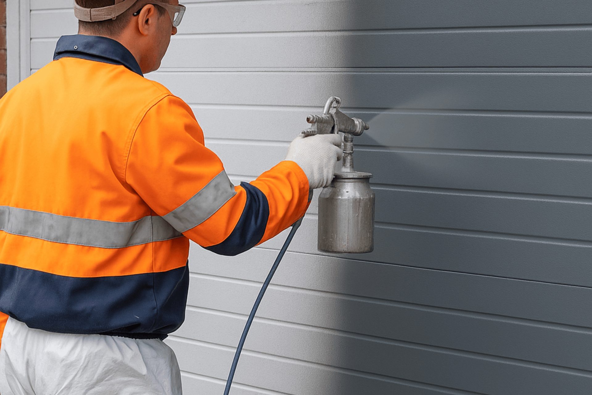 A Swansea sprayer sprays dark grey paint onto a ribbed metal garage door, showing professional garage door sprayers at work