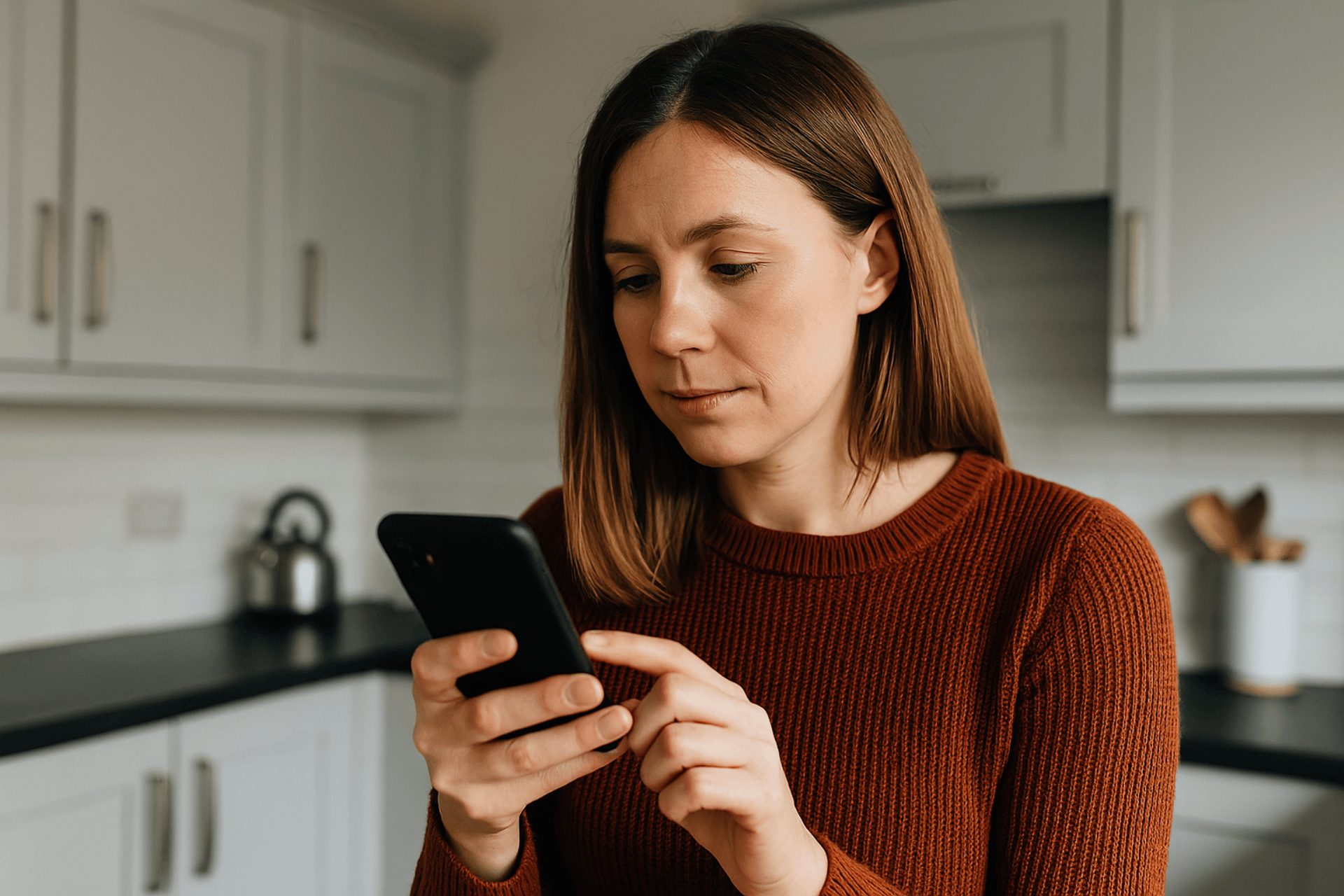 A woman in a modern Swansea kitchen looks at her smartphone, searching online and wondering is kitchen spraying any good