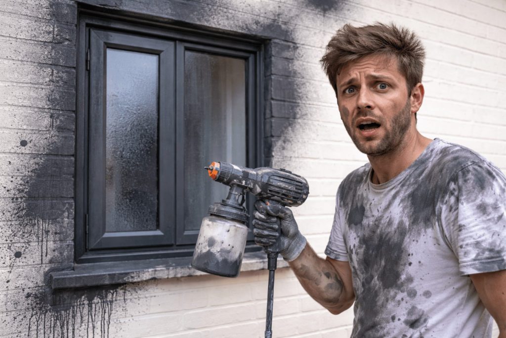 A man unsuccessfully tries to spray UPVC windows with a cheap paint sprayer, leaving overspray on the walls and himself