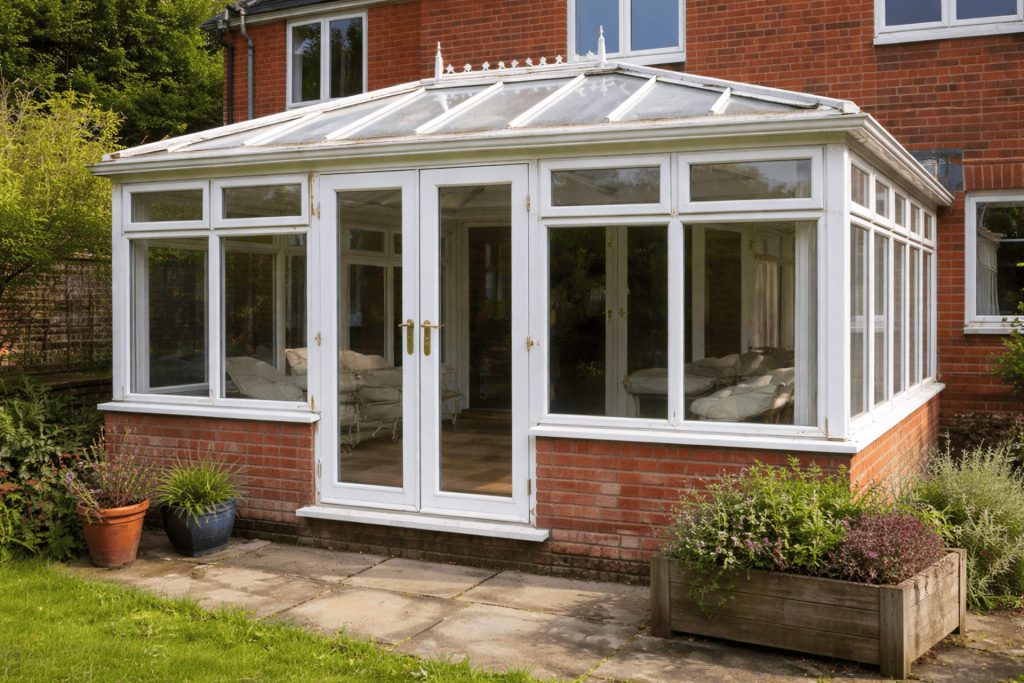 A white conservatory in Swansea that needs spraying because it's white colour has faded