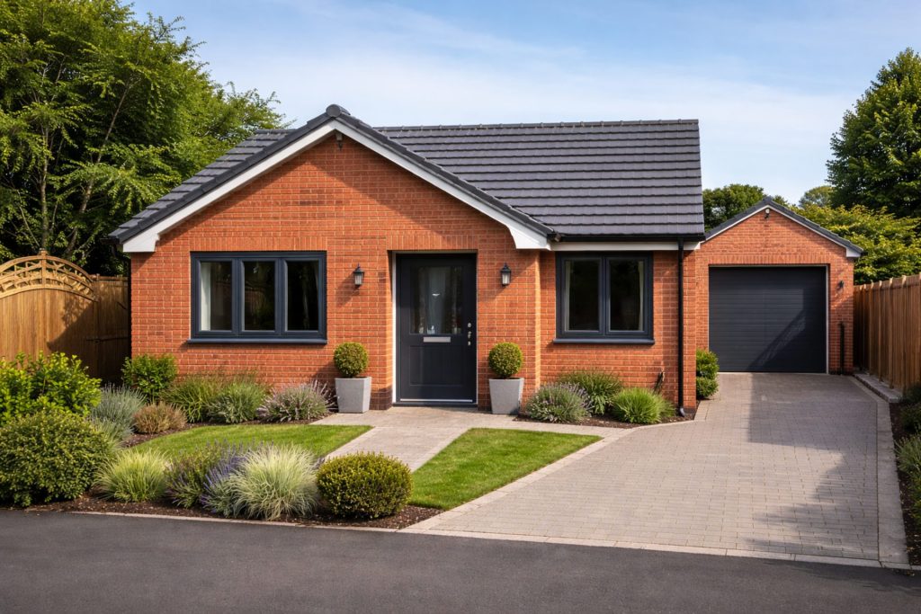 A face brick bungalow with anthracite windows which would be the cheapest UPVC window spraying cost you could get